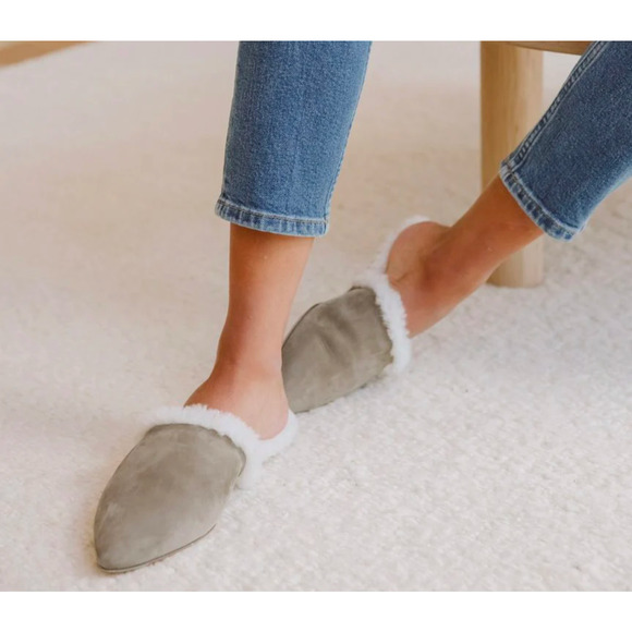 Jenni Kayne Shearling Mule Slippers Size 8 – Suede Pointed Toe Cozy Slides - Picture 2 of 9